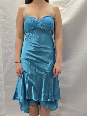 Turquoise Spaghetti-Strap Evening Dress with Beaded Bodice